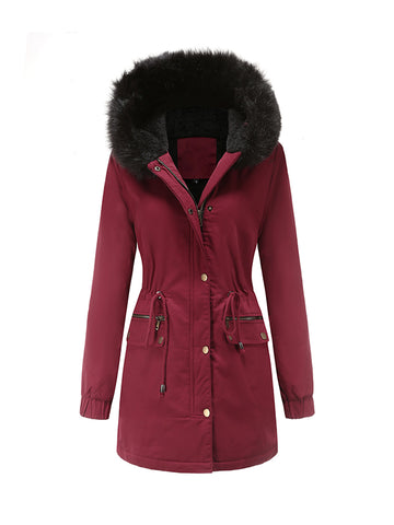 Airchics mi-longue parka avec poches coulisse taille fermeture éclair col en fourrure à capuche femme mode